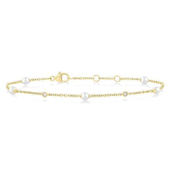 3 MM Round Shape Cultured Pearl and 1/20 Ctw Round Cut Diamond Fashion Station Bracelet in 14K Yellow Gold