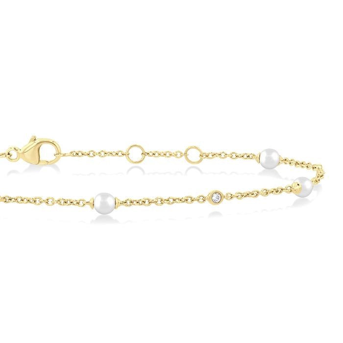 3 MM Round Shape Cultured Pearl and 1/20 Ctw Round Cut Diamond Fashion Station Bracelet in 14K Yellow Gold
