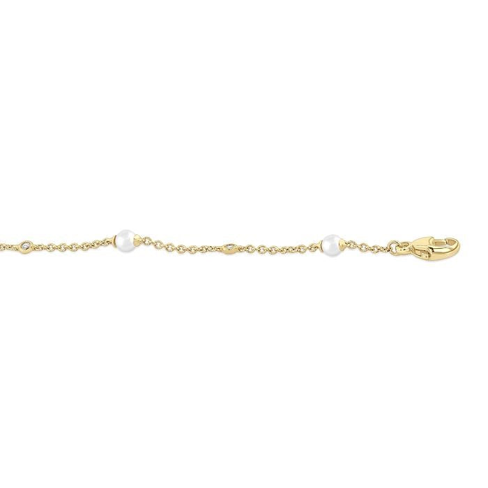 3 MM Round Shape Cultured Pearl and 1/20 Ctw Round Cut Diamond Fashion Station Bracelet in 14K Yellow Gold
