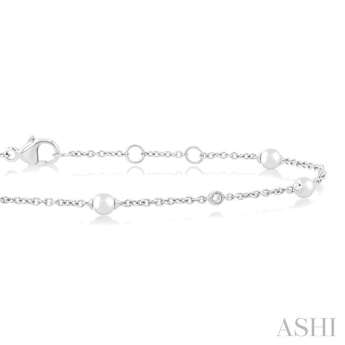 3 MM Round Shape Cultured Pearl and 1/20 Ctw Round Cut Diamond Fashion Station Bracelet in 14K White Gold
