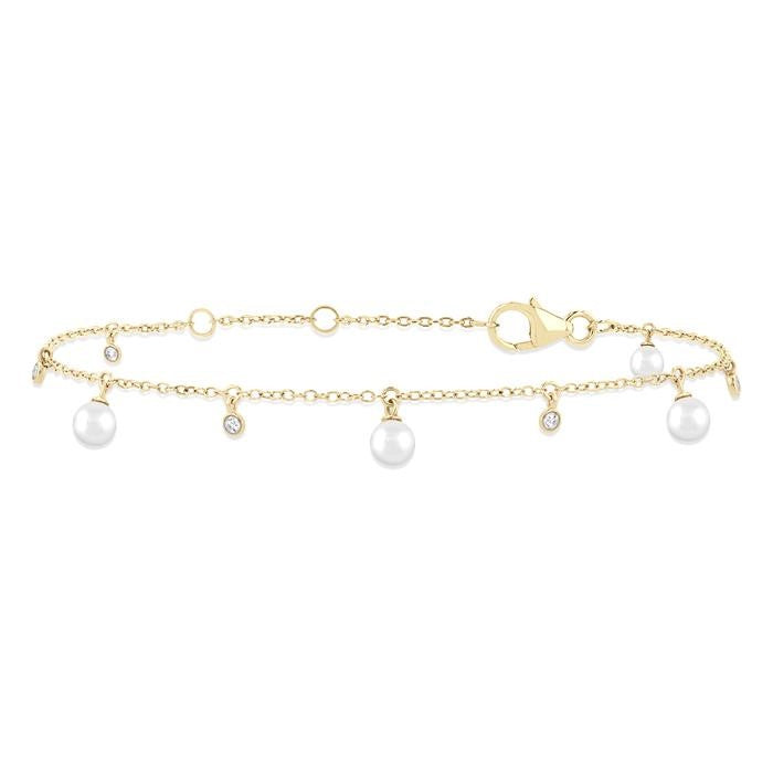 3 MM Round Shape Cultured Pearl and 1/20 Ctw Round Cut Diamond Station Bracelet in 14K Yellow Gold