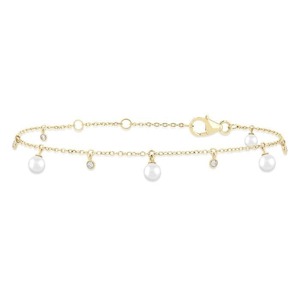 3 MM Round Shape Cultured Pearl and 1/20 Ctw Round Cut Diamond Station Bracelet in 14K Yellow Gold