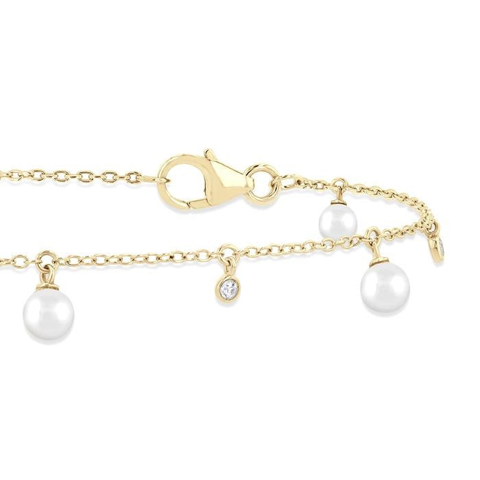 3 MM Round Shape Cultured Pearl and 1/20 Ctw Round Cut Diamond Station Bracelet in 14K Yellow Gold