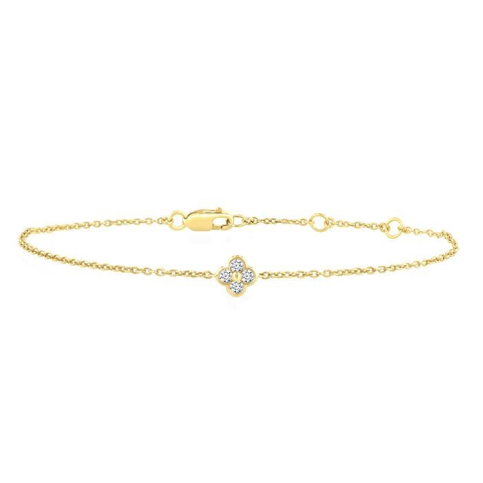 1/8 Ctw Bezel Set Round Cut Diamond Clover Petite Fashion Chain Bracelet in 10K Yellow Gold