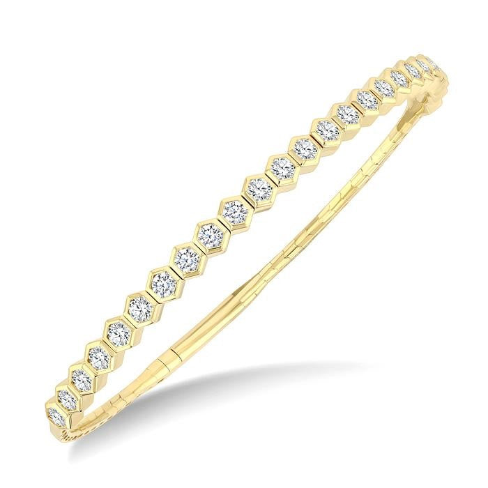 2 1/2 Ctw Halfway Hexagon Mount Link Round Cut Diamond Flex Bangle in 14K Yellow Gold
