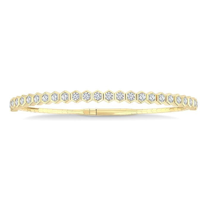 2 1/2 Ctw Halfway Hexagon Mount Link Round Cut Diamond Flex Bangle in 14K Yellow Gold