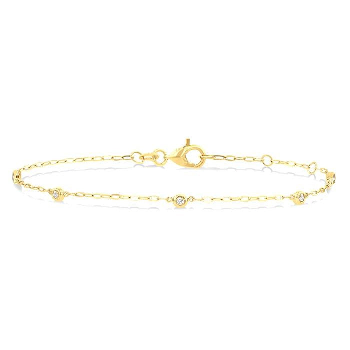 1/10 Ctw Round Cut Diamond Paperclip Station Bracelet in 14K Yellow Gold