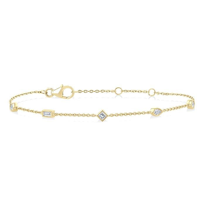 1/3 Ctw Mixed Shape Bezel Set Round Cut Diamond Station Chain Bracelet in 14K Yellow Gold