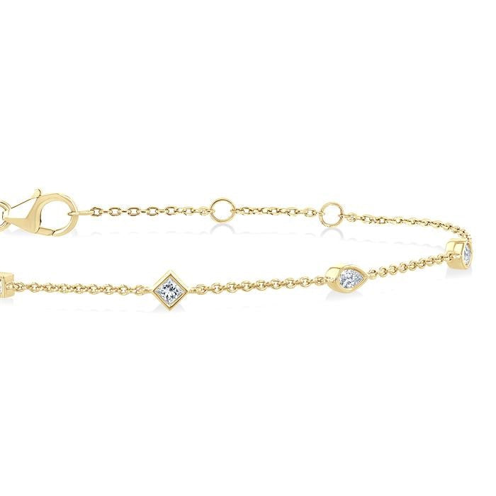 1/3 Ctw Mixed Shape Bezel Set Round Cut Diamond Station Chain Bracelet in 14K Yellow Gold