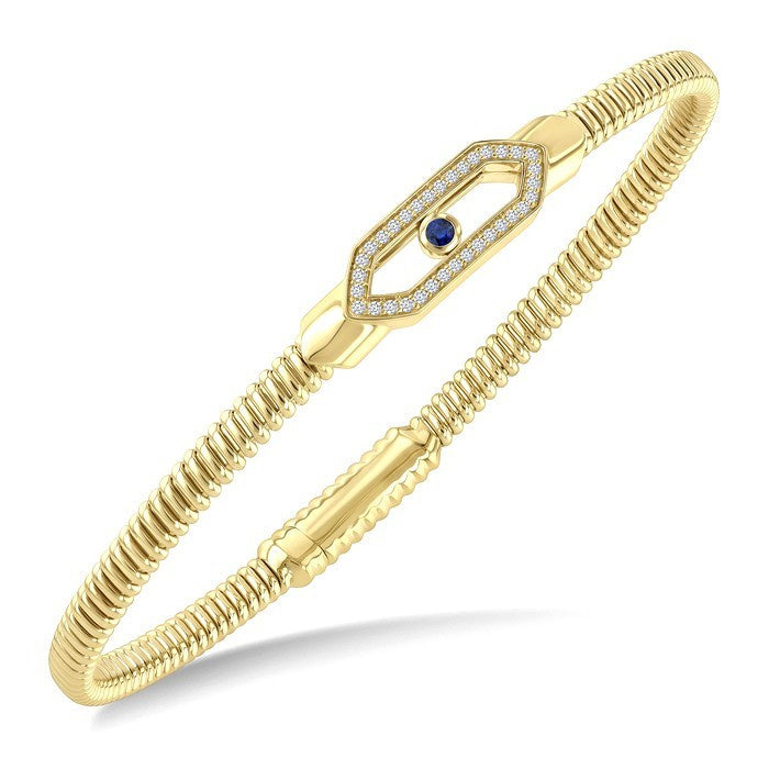 2.1 MM Round Shape Sapphire and 1/6 Ctw Hexagon Shape Round Cut Diamond Fashion Flex Bangle in 14K Yellow Gold