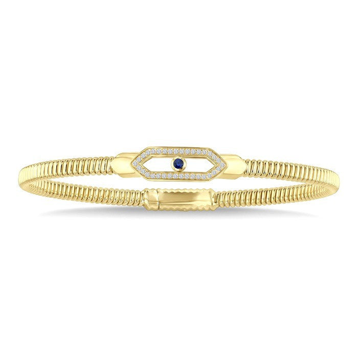 2.1 MM Round Shape Sapphire and 1/6 Ctw Hexagon Shape Round Cut Diamond Fashion Flex Bangle in 14K Yellow Gold