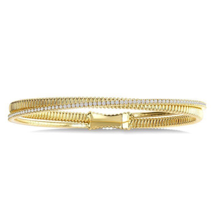 1 Ctw Dual Row Round Cut Diamond Fashion Flex Bangle in 14K Yellow Gold
