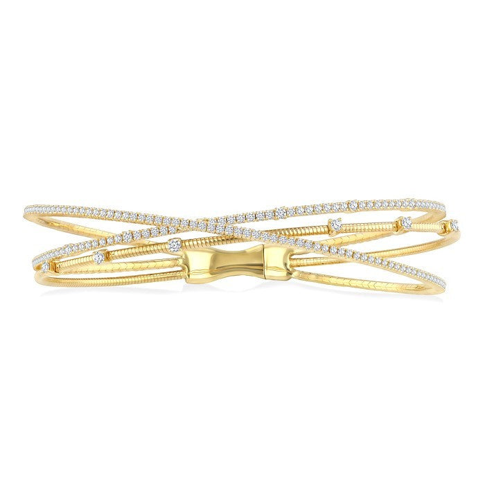 2 Ctw Triple Row Round Cut Diamond Flex Bangle in 14K Yellow Gold