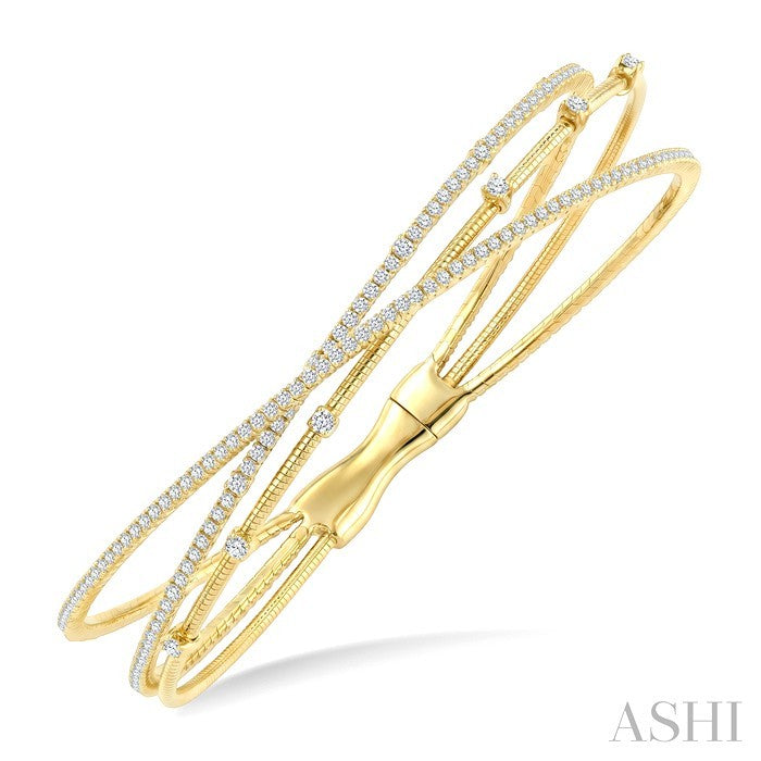 2 Ctw Triple Row Round Cut Diamond Flex Bangle in 14K Yellow Gold