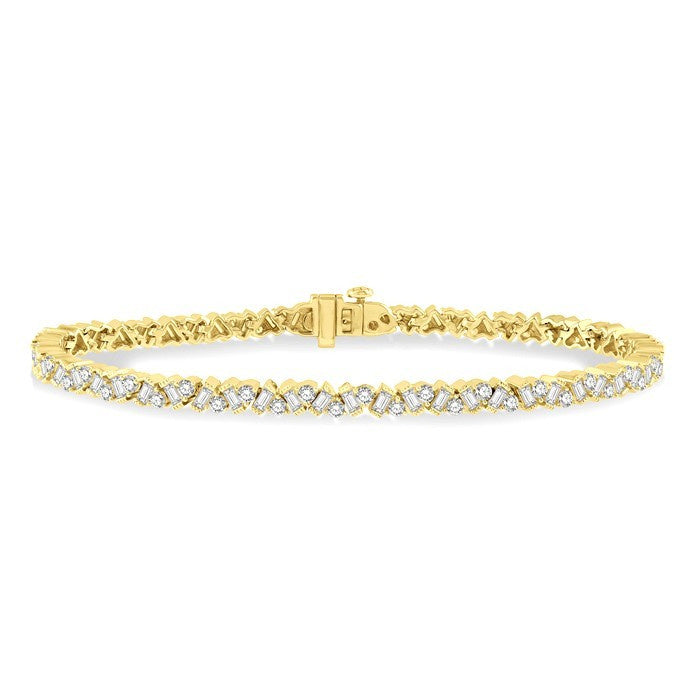 3 Ctw Zigzag Baguette and Round Cut Diamond Bracelet in 14K Yellow Gold