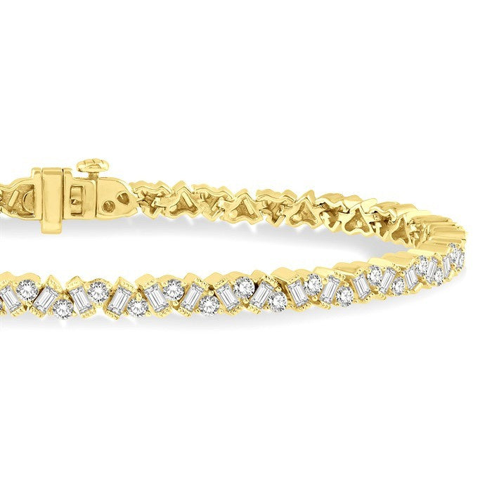 3 Ctw Zigzag Baguette and Round Cut Diamond Bracelet in 14K Yellow Gold