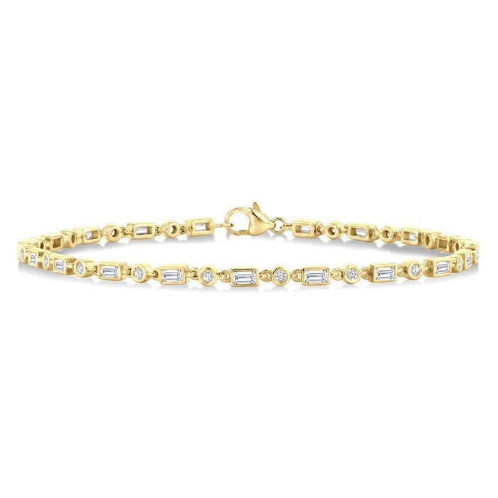 3/4 Ctw Bezel Set Baguette and Round Cut Diamond Fashion Bracelet in 14K Yellow Gold