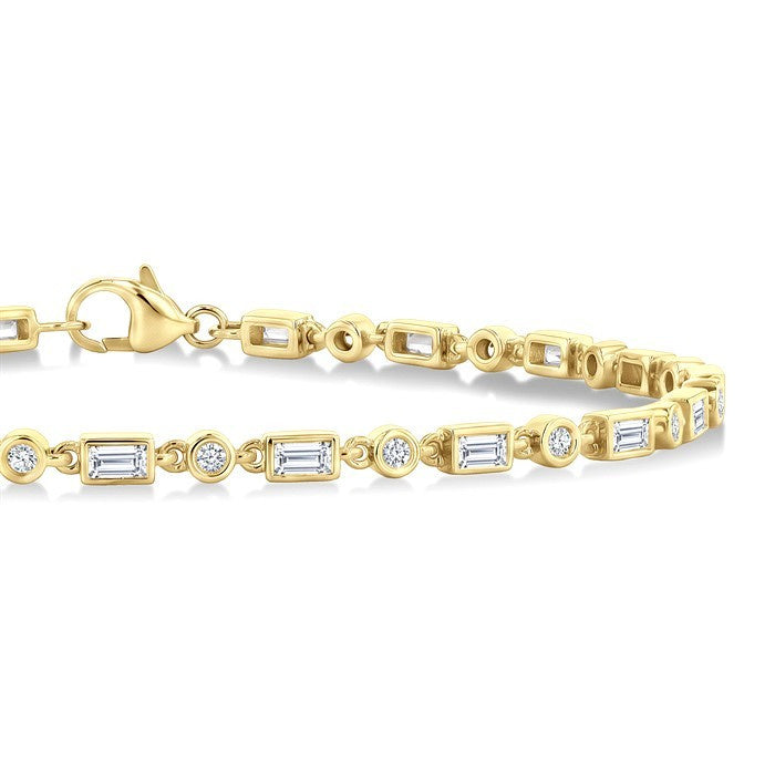 3/4 Ctw Bezel Set Baguette and Round Cut Diamond Fashion Bracelet in 14K Yellow Gold