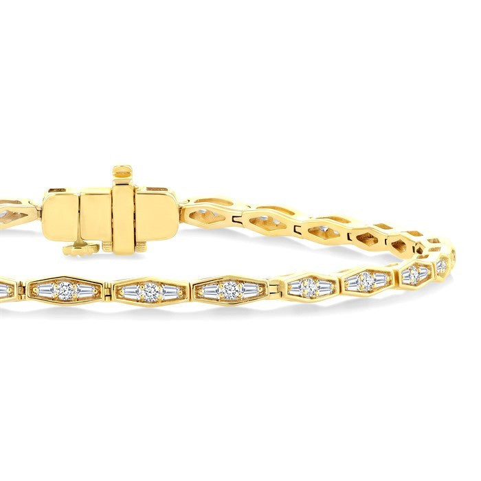 3/4 Ctw Baguette and Round Cut Diamond Fancy Bracelet in 14K Yellow Gold
