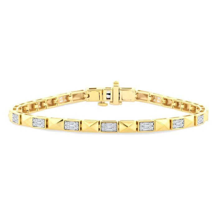 3/4 Ctw Fusion Baguette and Round Cut Diamond Pyramid Bracelet in 14K Yellow Gold