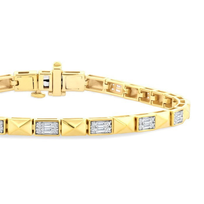 3/4 Ctw Fusion Baguette and Round Cut Diamond Pyramid Bracelet in 14K Yellow Gold