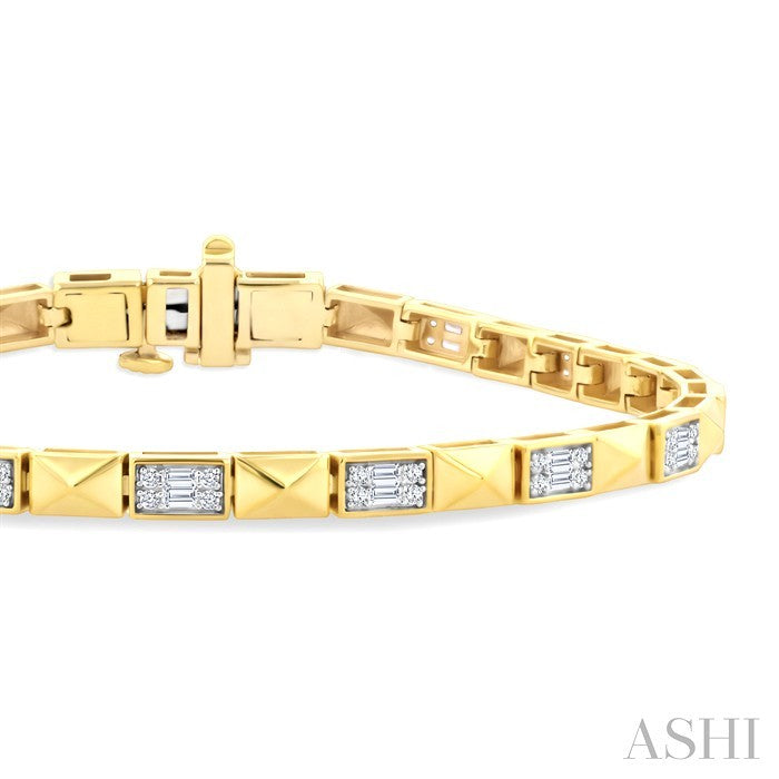 3/4 Ctw Fusion Baguette and Round Cut Diamond Pyramid Bracelet in 14K Yellow Gold
