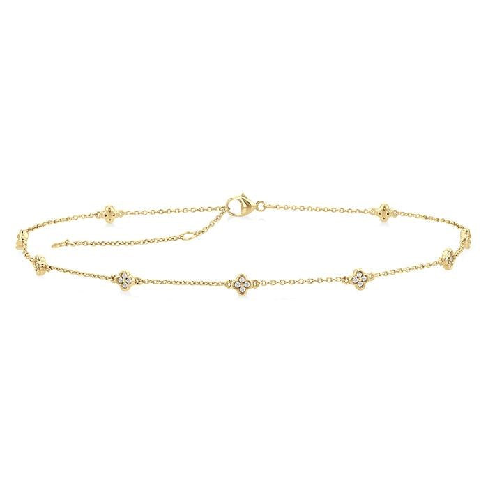 1/6 Ctw Four-Leaf Clover Round Cut Diamond Station Anklet in 10K Yellow Gold