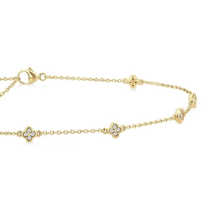 1/6 Ctw Four-Leaf Clover Round Cut Diamond Station Anklet in 10K Yellow Gold