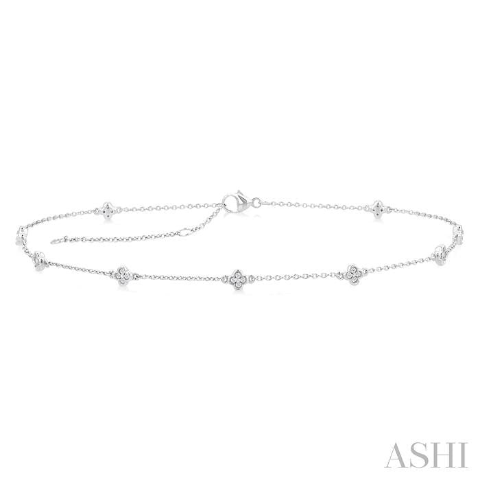 1/6 Ctw Four-Leaf Clover Round Cut Diamond Station Anklet in 10K White Gold