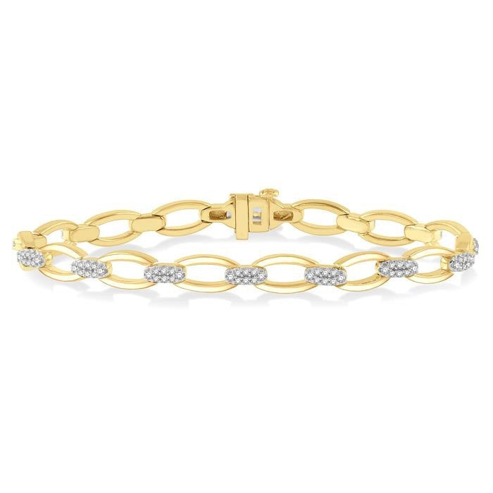 3/4 Ctw Oval Shape Link Round Cut Diamond Bracelet in 14K Yellow Gold