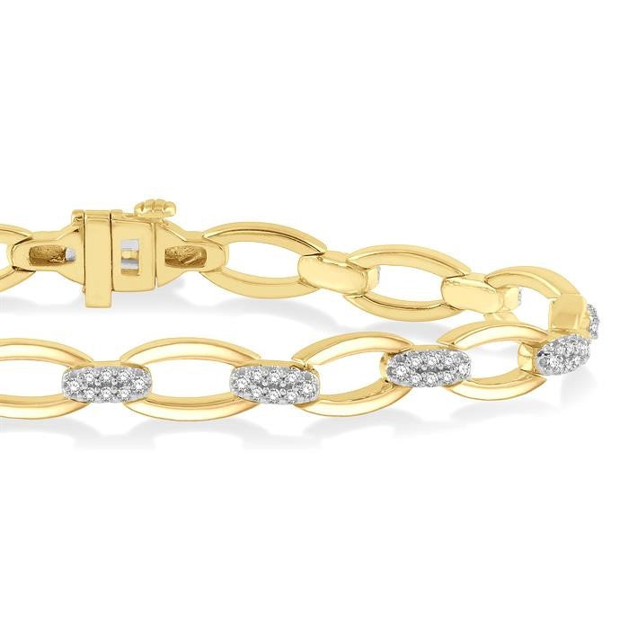 3/4 Ctw Oval Shape Link Round Cut Diamond Bracelet in 14K Yellow Gold