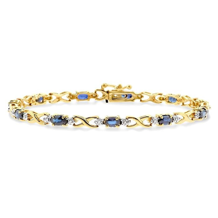 5x3 MM Oval Cut Sapphire and 1/10 Ctw Round Cut Diamond Bracelet in 10K Yellow Gold