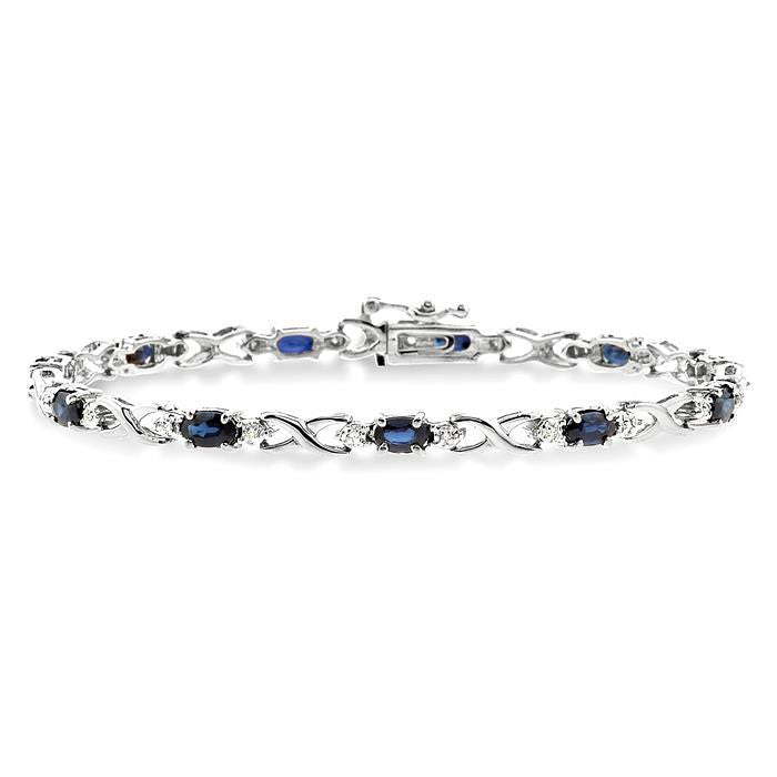14K White Gold Oval Shape Sapphire Gemstone & 1/10CTW Diamond Bracelet