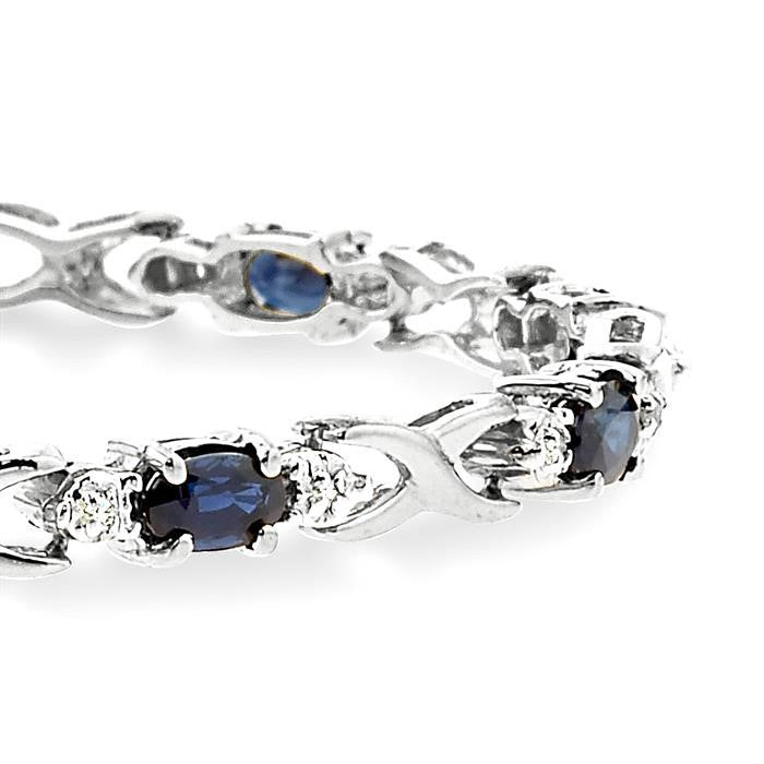 14K White Gold Oval Shape Sapphire Gemstone & 1/10CTW Diamond Bracelet