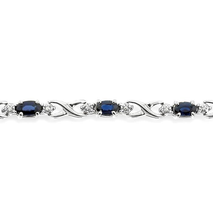 14K White Gold Oval Shape Sapphire Gemstone & 1/10CTW Diamond Bracelet