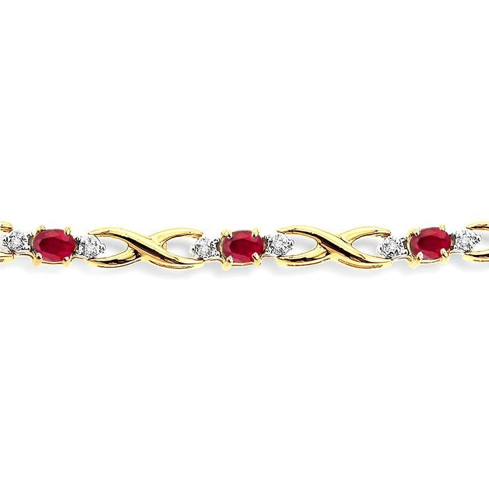 4x3 MM Oval Cut Ruby and 1/10 Ctw Round Cut Diamond Bracelet in 14K Yellow Gold