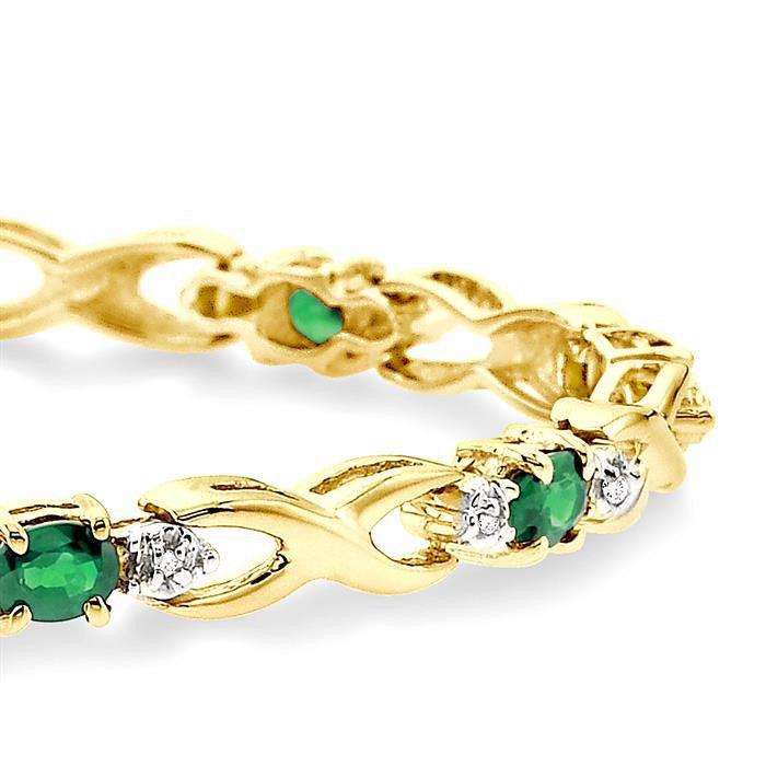14k Yellow Gold Oval Shape Emerald Gemstone & 1/10CTW Diamond Bracelet