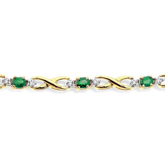 14k Yellow Gold Oval Shape Emerald Gemstone & 1/10CTW Diamond Bracelet
