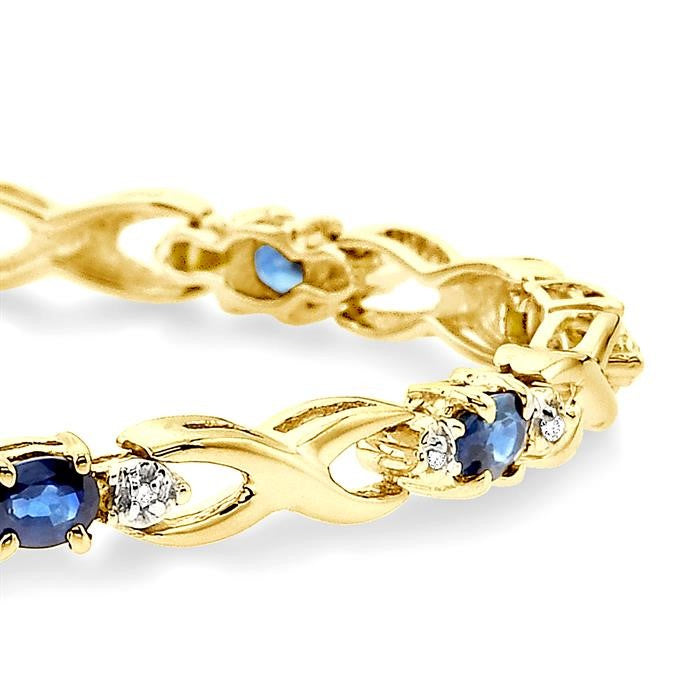 4x3 MM Oval Cut Sapphire and 1/10 Ctw Round Cut Diamond Bracelet in 10K Yellow Gold