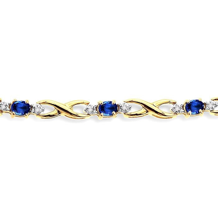 4x3 MM Oval Cut Sapphire and 1/10 Ctw Round Cut Diamond Bracelet in 10K Yellow Gold