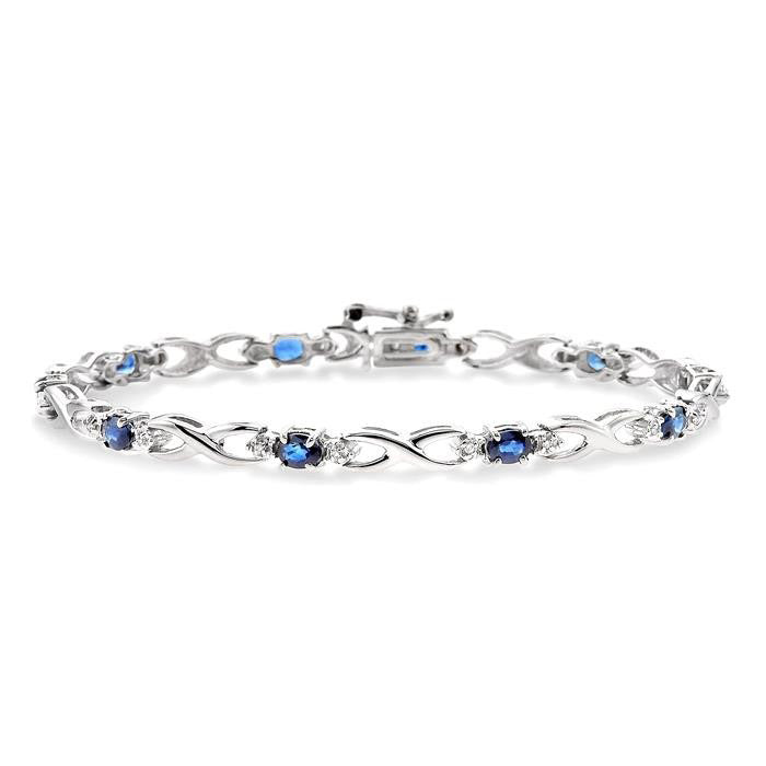14K White Gold Oval Shape Sapphire Gemstone & 1/10CTW Diamond Bracelet