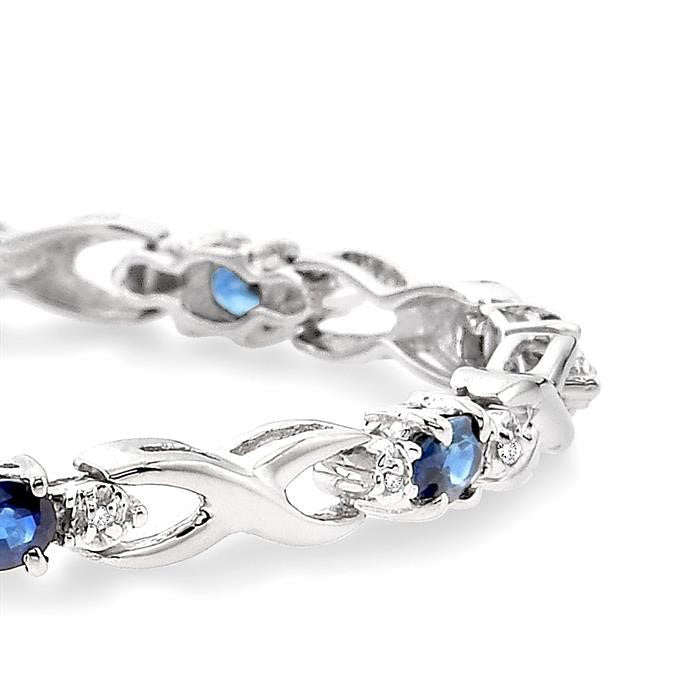 14K White Gold Oval Shape Sapphire Gemstone & 1/10CTW Diamond Bracelet