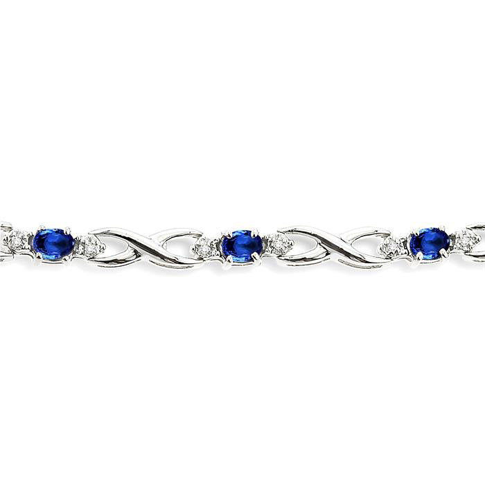 14K White Gold Oval Shape Sapphire Gemstone & 1/10CTW Diamond Bracelet