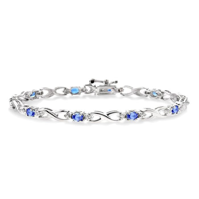 4x3mm Oval Cut Tanzanite and 1/10 Ctw Round Cut Diamond Bracelet in 10K White Gold