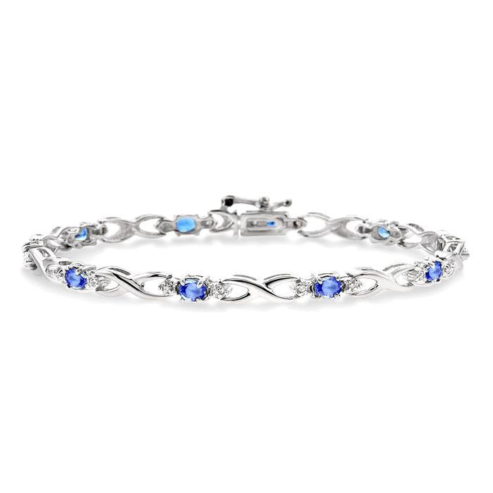 14K White Gold Oval Shape Tanzanite Gemstone & 1/10CTW Diamond Bracelet