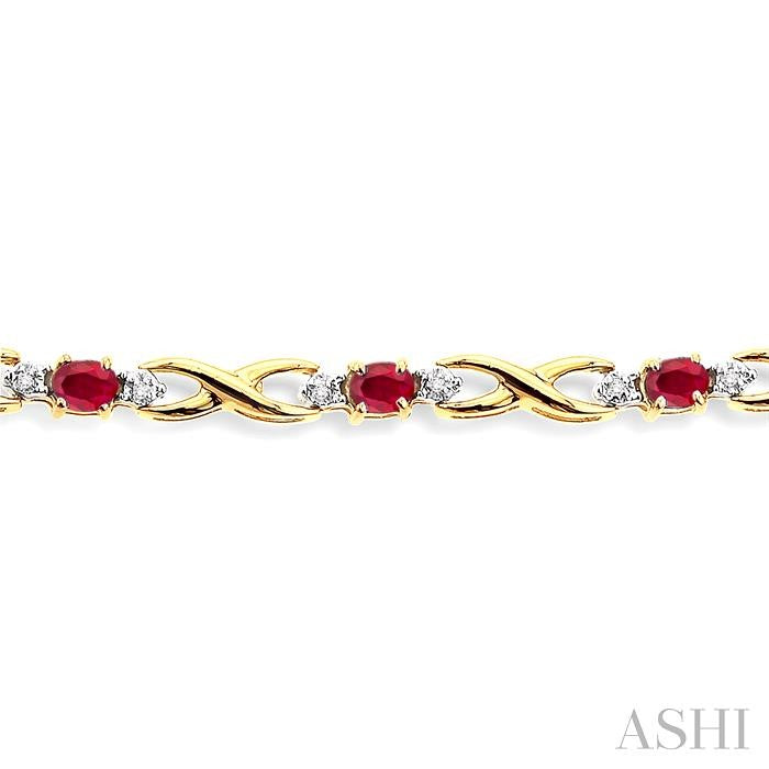 4x3 MM Oval Cut Ruby and 1/10 Ctw Round Cut Diamond Bracelet in 14K Yellow Gold