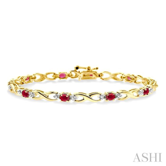 4x3 MM Oval Cut Ruby and 1/10 Ctw Round Cut Diamond Bracelet in 14K Yellow Gold