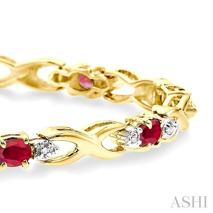 4x3 MM Oval Cut Ruby and 1/10 Ctw Round Cut Diamond Bracelet in 14K Yellow Gold