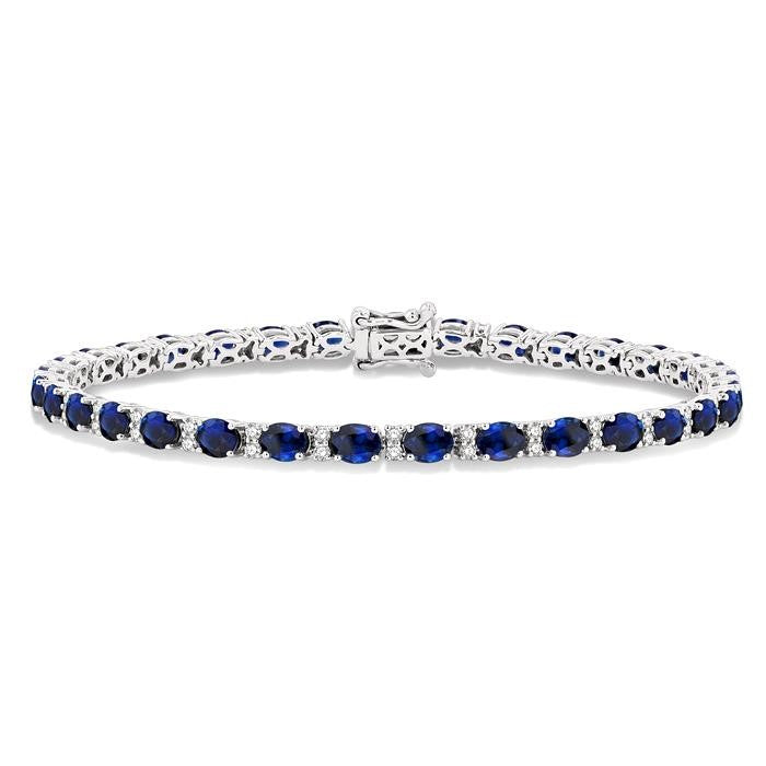 4x3 MM Oval Cut Sapphire and 5/8 Ctw Round Cut Diamond Precious Bracelet in 14K White Gold