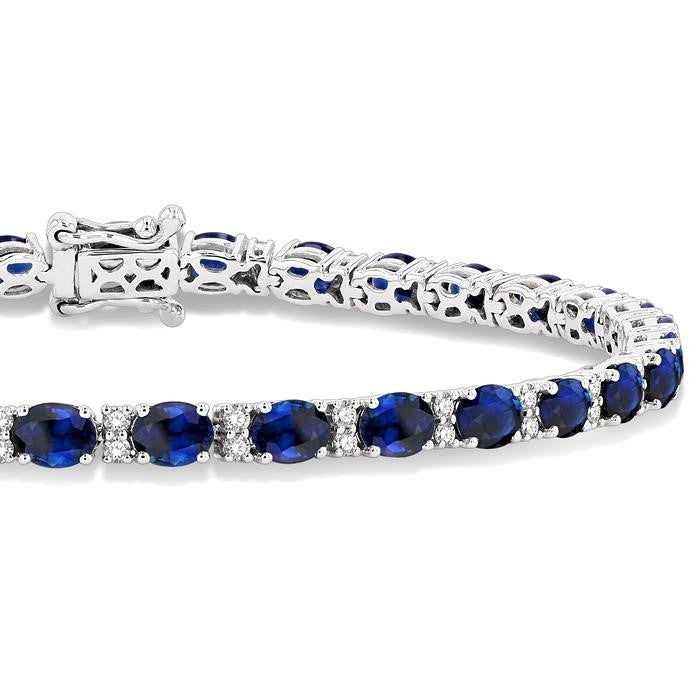 4x3 MM Oval Cut Sapphire and 5/8 Ctw Round Cut Diamond Precious Bracelet in 14K White Gold